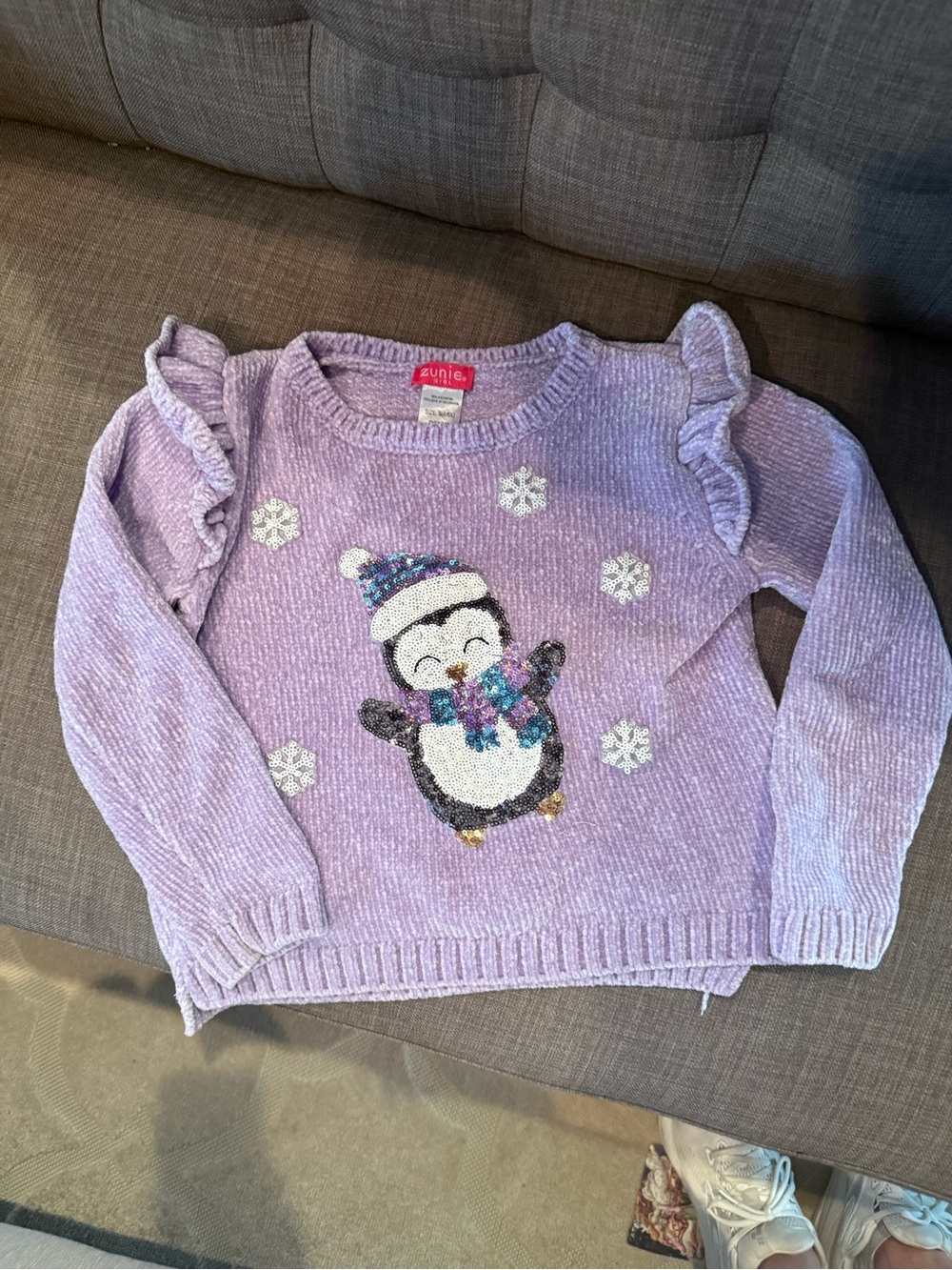 Zunie Lavender Penguin Sequin Chenille Sweater